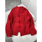复古新中式本命年大红色盘扣羊绒，针织开衫女春秋，重工粗线毛衣外套