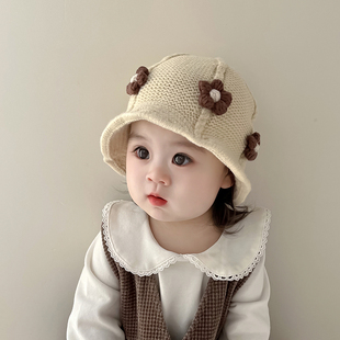 女宝宝帽子秋冬季韩版手工花朵毛线渔夫帽婴儿洋气可爱女童针织帽