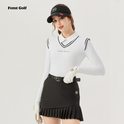 femt23高尔夫女装秋冬长袖上衣，假两件套翻领运动t恤舒适减龄