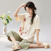 新中式睡衣 复古古风 100%纯棉女中国风夏季短袖国风女士盘扣套装