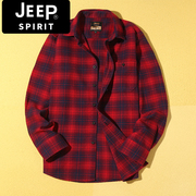 jeep吉普2022春秋季长袖，格子衬衫男士，大码休闲宽松大红色衬衣