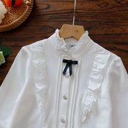 中大女童装法式纯棉针织弹力，白色小立领领衬衫学院打底衫991