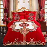 诺月家纺加厚磨毛红色结婚庆床品新中式，床上用品纯棉全棉四件套件