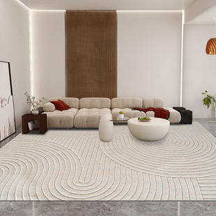 木兰纯手工客厅地毯家用茶几，条纹现代极简奶油，风米白色卧室腈纶毯