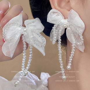 超仙白色雪纺浪漫水晶蝴蝶结串珠流苏耳环设计耳夹无耳洞三角夹子