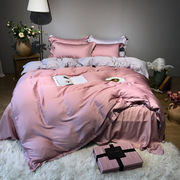 夏季兰精天丝1.8m素色凉感被套美式床品纯色60支刺绣床单式四件套