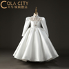 花童礼服洋气质白色公主，裙小伴娘女孩，婚纱生日走秀长袖钢琴演出服
