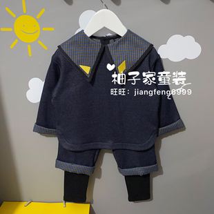 90-130码韩国童装20冬男女宝宝黄格海军领卫衣假两件靴裤两件套装