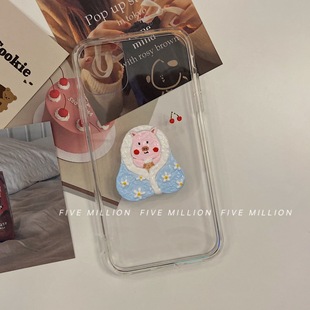 伍百万 原创个性小众奶油胶手机壳小猪立体图案DIY自制保户壳