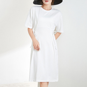 韩版白色圆领收腰绑带短袖，连衣裙夏季纯棉，简约休闲网红纯色t恤裙