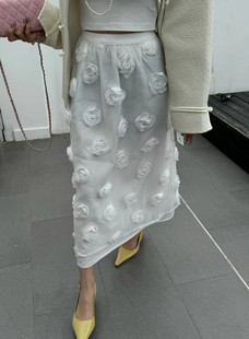 韩国GOD财神家春季高腰显瘦洋气立体花朵纯色半身裙长裙女