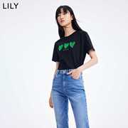 lily2022夏装女装爱心印花宽松设计感小上衣舒适纯棉，圆领米色t恤