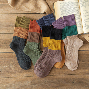 冬季加厚保暖粗针袜子女中筒袜，秋冬纯棉长袜日系原宿风撞色堆堆袜