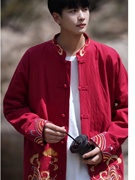 过年喜庆大红色唐装汉服衬衫男高级感立领新中式国风中山装衬衣服