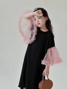 2024春夏女童黑色小众设计感连衣裙儿童韩系拼接纱袖气质裙子
