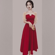 夏装2024女红色礼服平时可穿女神范衣服气质高端网纱袖连衣裙
