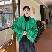秋冬时尚个性绿色pu皮夹克，男韩版时髦机车皮衣，棒球服上衣外套潮流