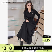 西遇法式立领卫衣连衣裙2023秋季小众设计感百褶小黑裙长裙