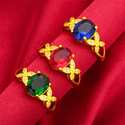 越南沙金蝴蝶结戒指绿色，红色蓝色玻璃钻戒指，时尚女士开口戒指