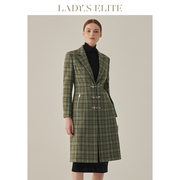 ladyselite慕裁100%绵羊毛大衣女，2023春夏灰绿色格纹通勤风外套