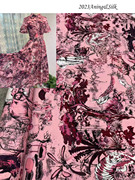 真丝双绉水粉红底植物花卉印花动物图案衬衫连衣裙布料面料大象图