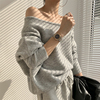 韩国chic秋冬法式气质一字领露肩设计宽松休闲纯色长袖针织毛衣女