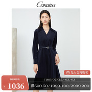 CONATUS/珂尼蒂思小众设计V领裙子秋季收腰长袖直筒连衣裙