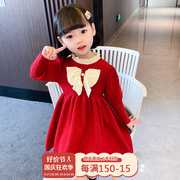 女童连衣裙春秋冬款时尚蝴蝶结，毛衣裙(毛衣裙)韩版小童洋气红色针织公主裙