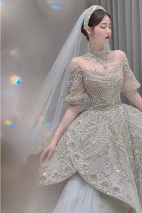 法式婚纱2022新娘，女冬季赫本高级小个子拖尾结婚礼服复古