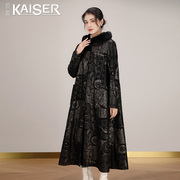 kaiser凯撒真皮皮衣女，中长款连帽加厚绵羊皮大衣，水貂领皮草外套