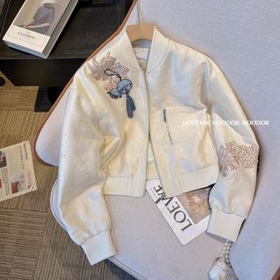 短款小香风夹克2024外套，女装高级感新中式国风刺绣休闲棒球服上衣
