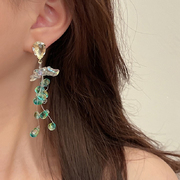 法式超仙绿色水晶花朵，流苏耳环森系复古ins小众设计耳钉耳饰耳夹