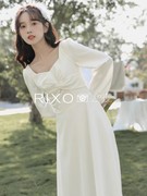 rixoexit法式方领泡泡袖白色，小礼裙收腰显瘦连衣裙小白裙伴娘裙