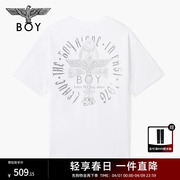 BOYLONDON春夏男女同款白色植绒老鹰印花潮牌针织短袖T恤N01050