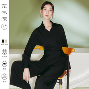 花木深中国风黑色衬衫女收腰改良中式上衣三醋酸系带开叉衬衣