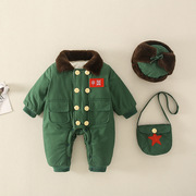 棉新生儿衣服加绒加厚2岁宝宝哈衣保暖服东北军绿色连体衣婴儿冬