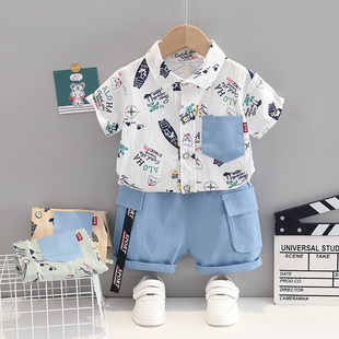 男童衬衫夏季套装01-3岁宝宝短袖，短裤薄款衬衣，两件套婴儿分体衣服