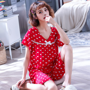 薄款夏季女士短袖棉绸睡衣套装可爱韩版人造棉家居服绵绸空调服