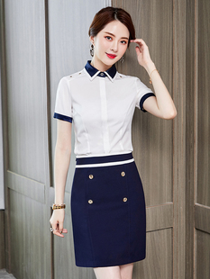 夏季职业装短袖蓝白拼色修身雪纺衬衫套裙优雅时尚商务工作服
