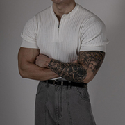 韩国男装东大门短袖t恤竖条，纹理感针织衫半拉链，亲肤体恤夏天