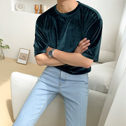 夏季韩版金丝绒短袖百搭纯色宽松t恤男潮流男士打底衫