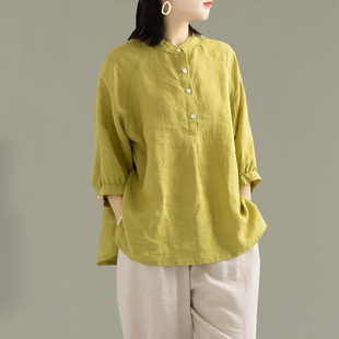 复古文艺亚麻衬衫女装夏季纯色，大码棉麻上衣，宽松中袖苎麻衬衣