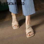 tataperko联名女鞋2024年春夏季百搭女真皮，平底方头罗马凉鞋