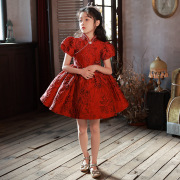 红色女孩钢琴演出服儿童生日，晚礼服夏季裙礼服，主持人花童童公主