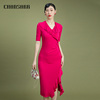 香莎chansarr优雅气质玫红荷叶，连衣裙别致设计舒适莫代尔女裙