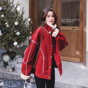 红色羊羔毛拼接(毛拼接)派克棉服，女冬季外套，加绒加厚2023炸街美式复古棉袄