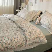 高档韩式花边款小碎花床上用品纯棉小清新床单被套1.8米全棉四件