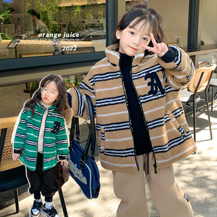 女童韩版加绒毛毛衣2023冬装，女宝宝洋气时尚外套，儿童加厚保暖棉衣