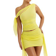 y24st139欧美女装夏季气质优雅纯色，网纱斜肩绑带，褶皱上衣短裙套装