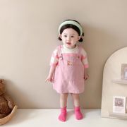 ins韩版夏装婴幼儿粉色条纹短袖，上衣+背带，裙女童宝宝两件套装